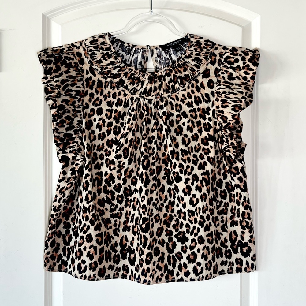 Marc New York Leopard Print Smocked Ruffle Sleeve Blouse - 100% Cotton, Large